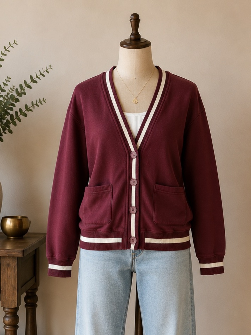 GAP Oversized Burgundy Varsity Fleece Cardigan Button Front Preppy Oversize S